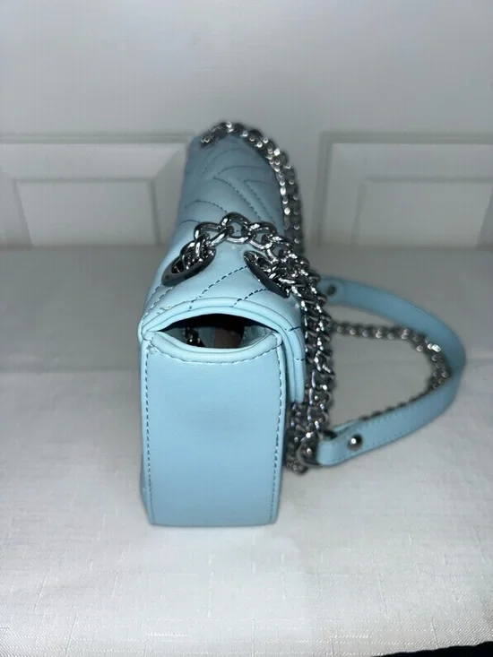 Light Blue Chevron Quilted Shoulder Bag with Silver Hardware and Dust Bag - Picture 2 of 13
